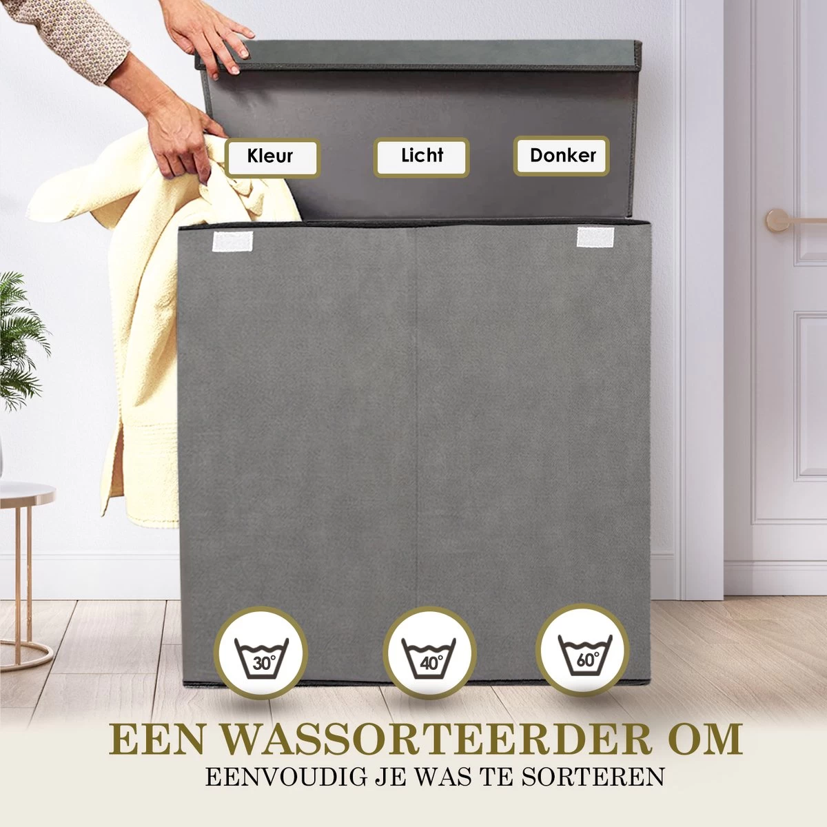 MIRI Wasmand – 3 Vakken Met Deksel – Wassorteerder – Grijs – 120 Liter – Wasbox – Opvouwbaar – Organizer Kleding – Laundry Basket - Afbeelding 2