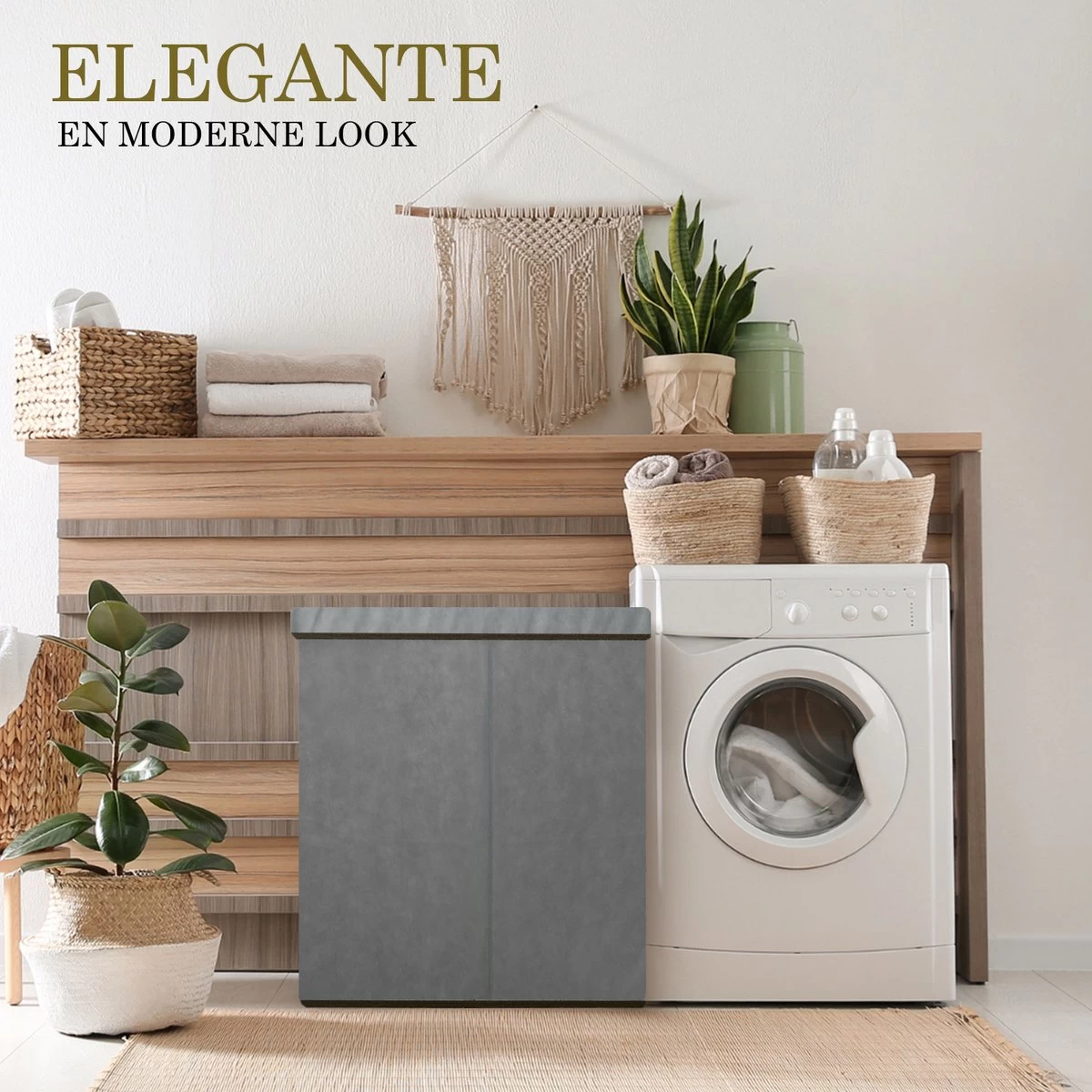 MIRI Wasmand – 3 Vakken Met Deksel – Wassorteerder – Grijs – 120 Liter – Wasbox – Opvouwbaar – Organizer Kleding – Laundry Basket - Afbeelding 3