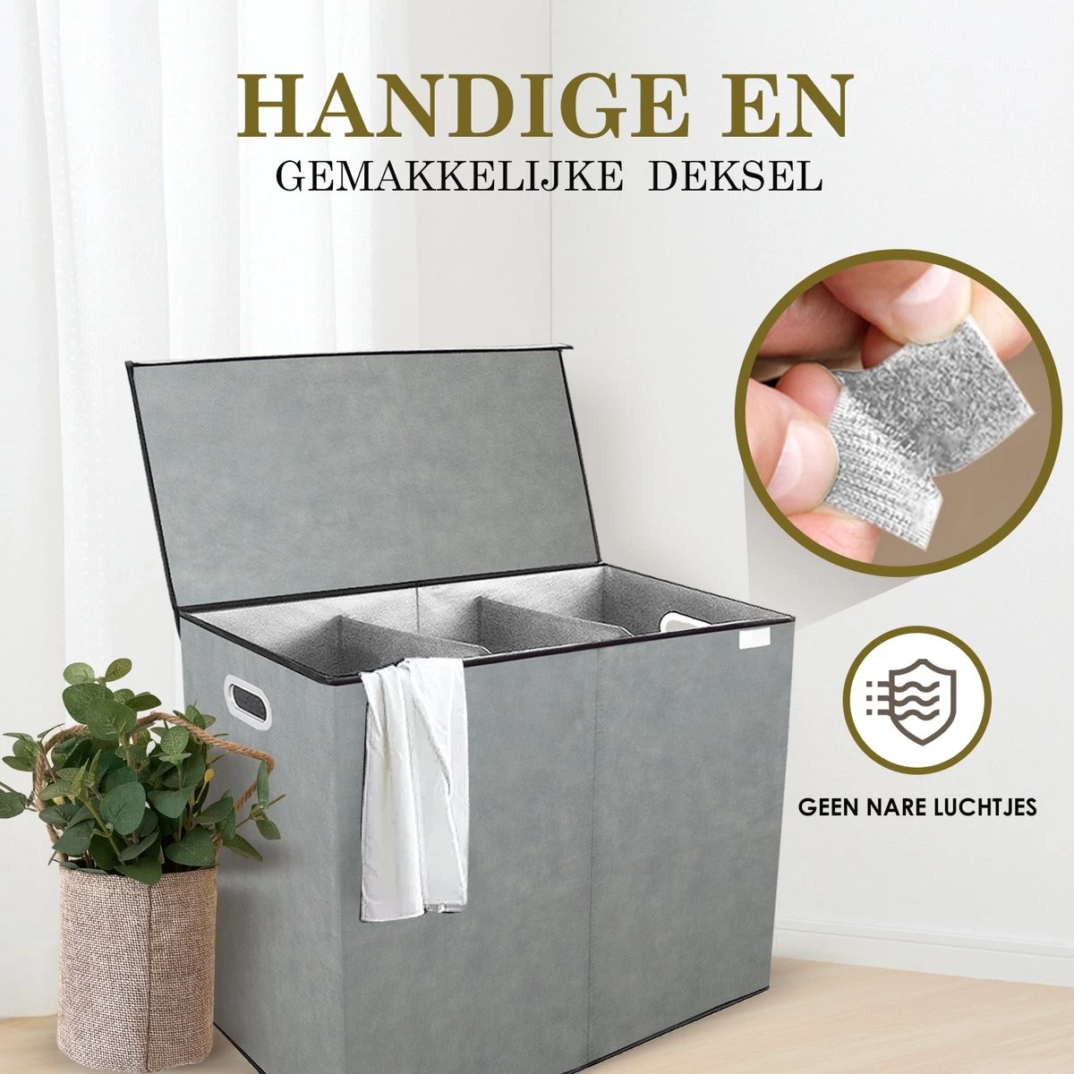 MIRI Wasmand – 3 Vakken Met Deksel – Wassorteerder – Grijs – 120 Liter – Wasbox – Opvouwbaar – Organizer Kleding – Laundry Basket - Afbeelding 5