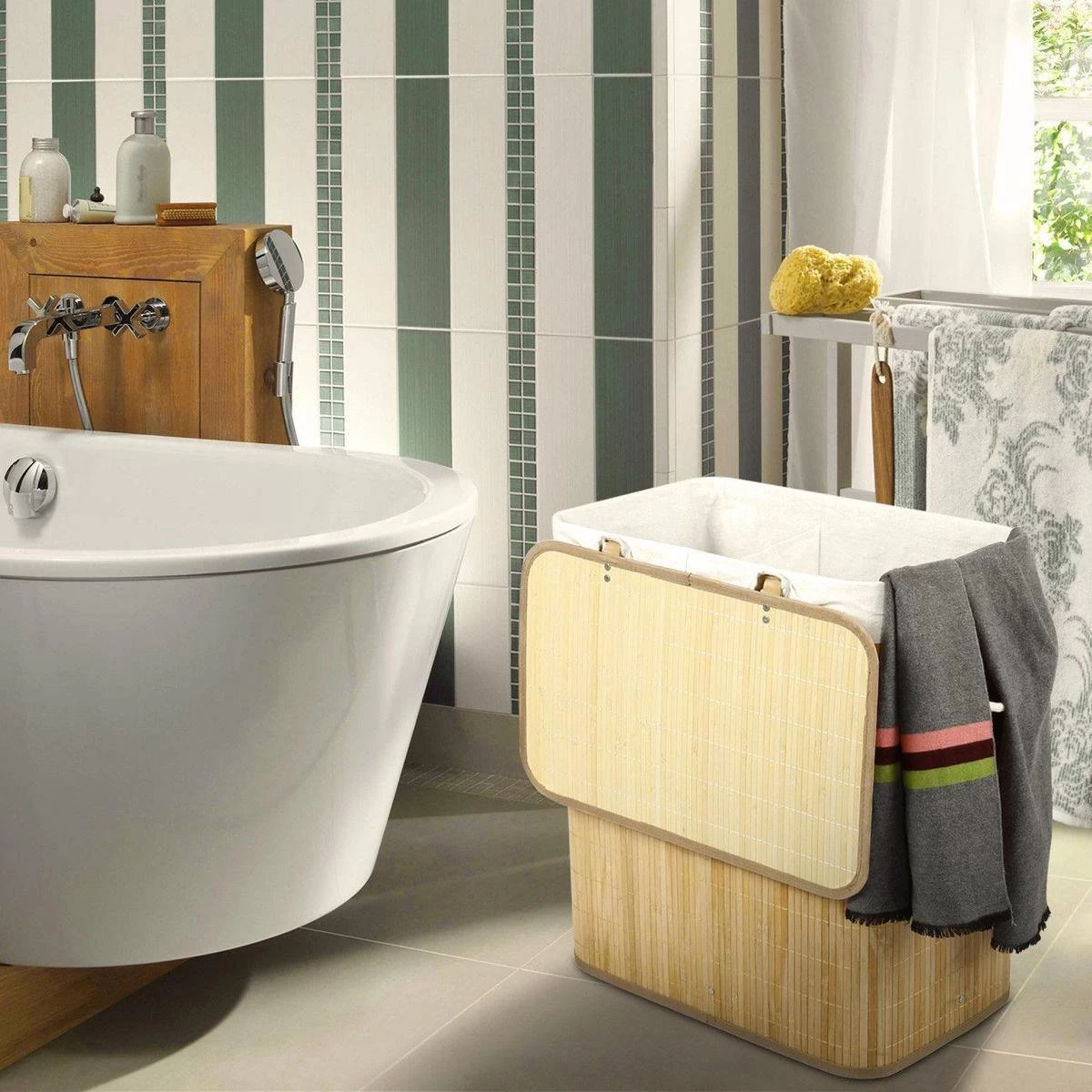 Grote Bamboe Wassorteerder Met 2 Vakken - 100 L - Natuurlijk Bruin - Afbeelding 2