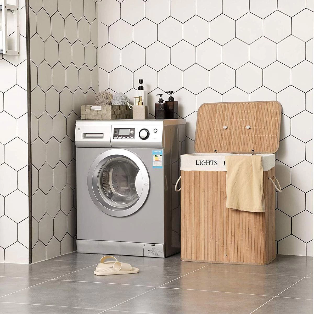 Grote Bamboe Wassorteerder Met 2 Vakken - 100 L - Natuurlijk Bruin - Afbeelding 8