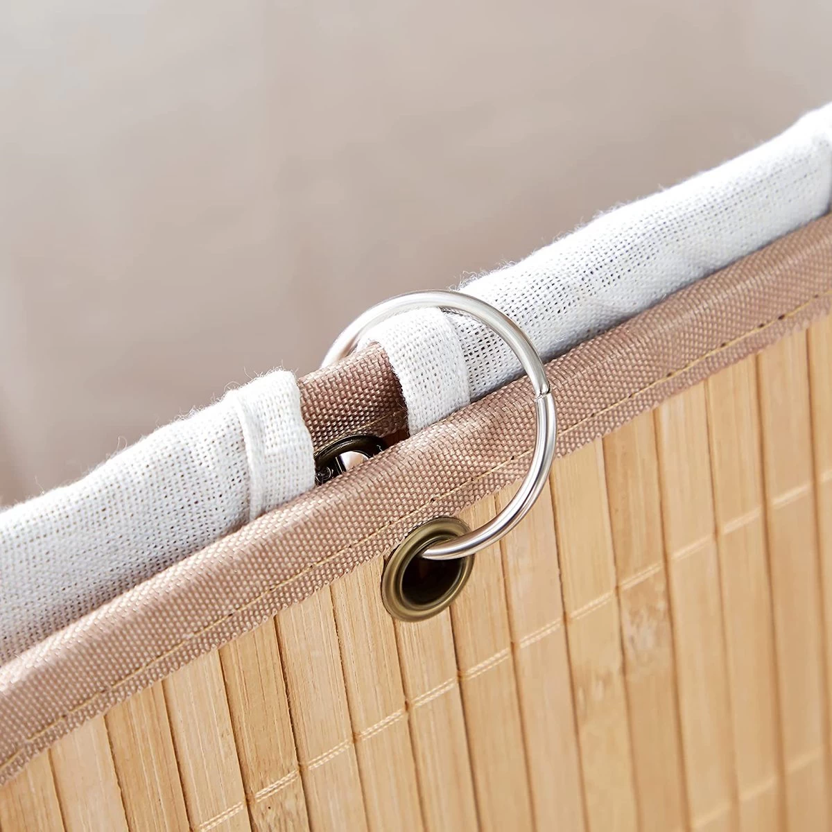 Merkloos Bamboe Wasmand Met Deksel, Katoenen Zak En Handvaten - 72L - Natuurlijk Bruin - Afbeelding 6