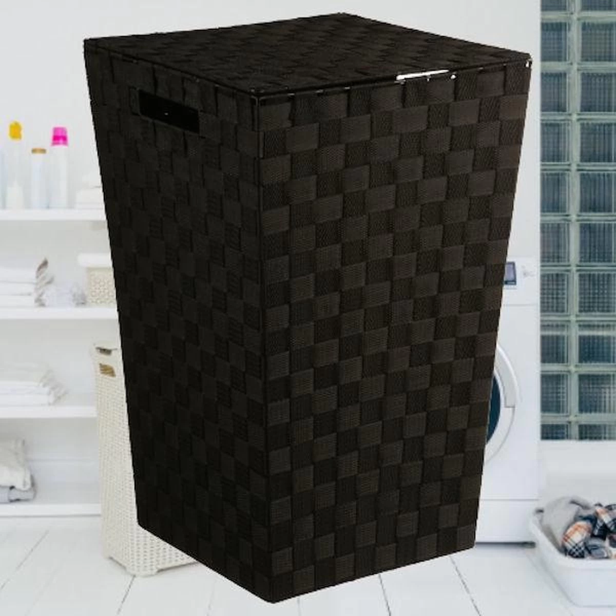 Merkloos Decopatent® Wasmanden Met Deksel - 60 Liter - Geweven Wasmand - Wasbox Met Optil Deksel - Polypropyleen - Afm 33x33x53 Cm - Zwart - Afbeelding 7