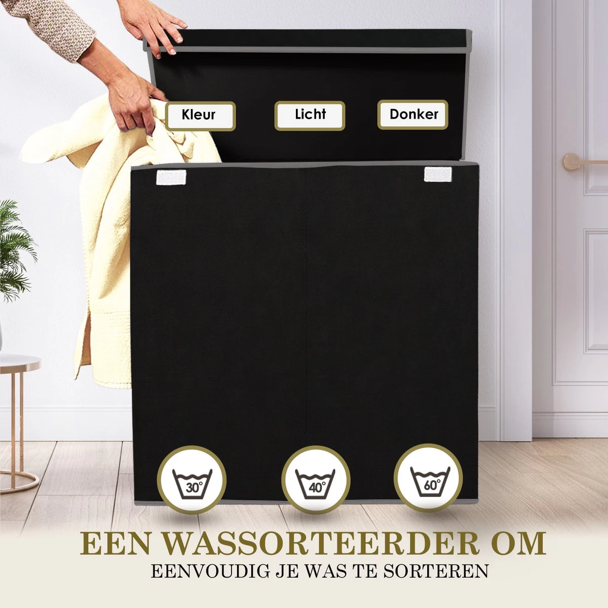 MIRI Wasmand – 3 Vakken Met Deksel – Wassorteerder – Zwart – 120 Liter – Wasbox – Opvouwbaar – Organizer Kleding – Laundry Basket - Afbeelding 2