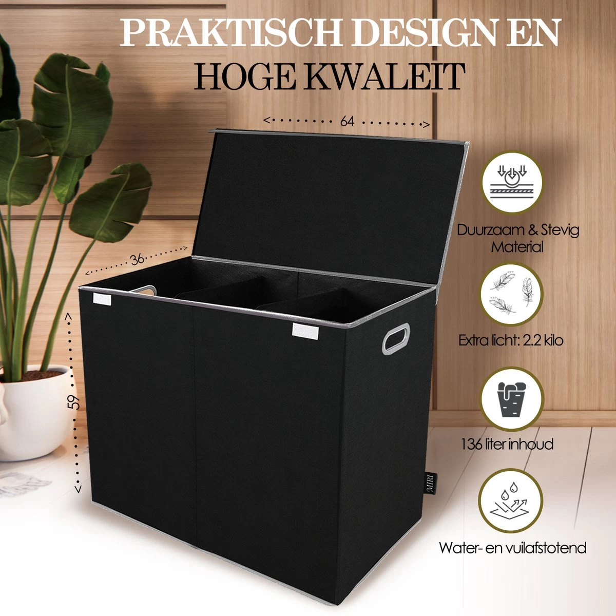 MIRI Wasmand – 3 Vakken Met Deksel – Wassorteerder – Zwart – 120 Liter – Wasbox – Opvouwbaar – Organizer Kleding – Laundry Basket - Afbeelding 4