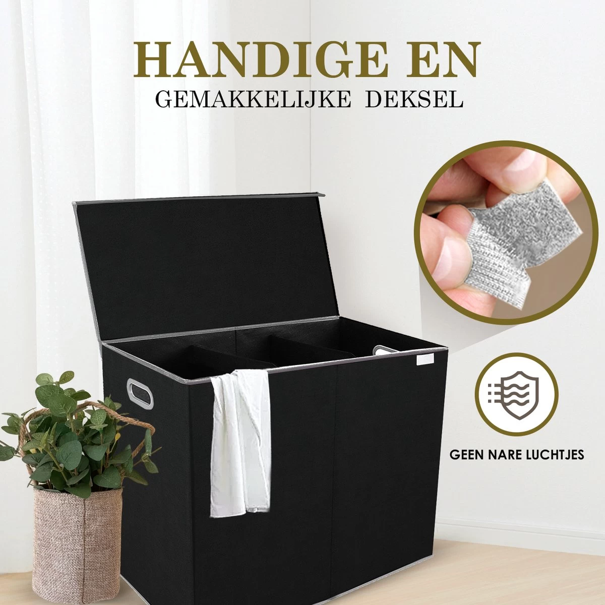 MIRI Wasmand – 3 Vakken Met Deksel – Wassorteerder – Zwart – 120 Liter – Wasbox – Opvouwbaar – Organizer Kleding – Laundry Basket - Afbeelding 5