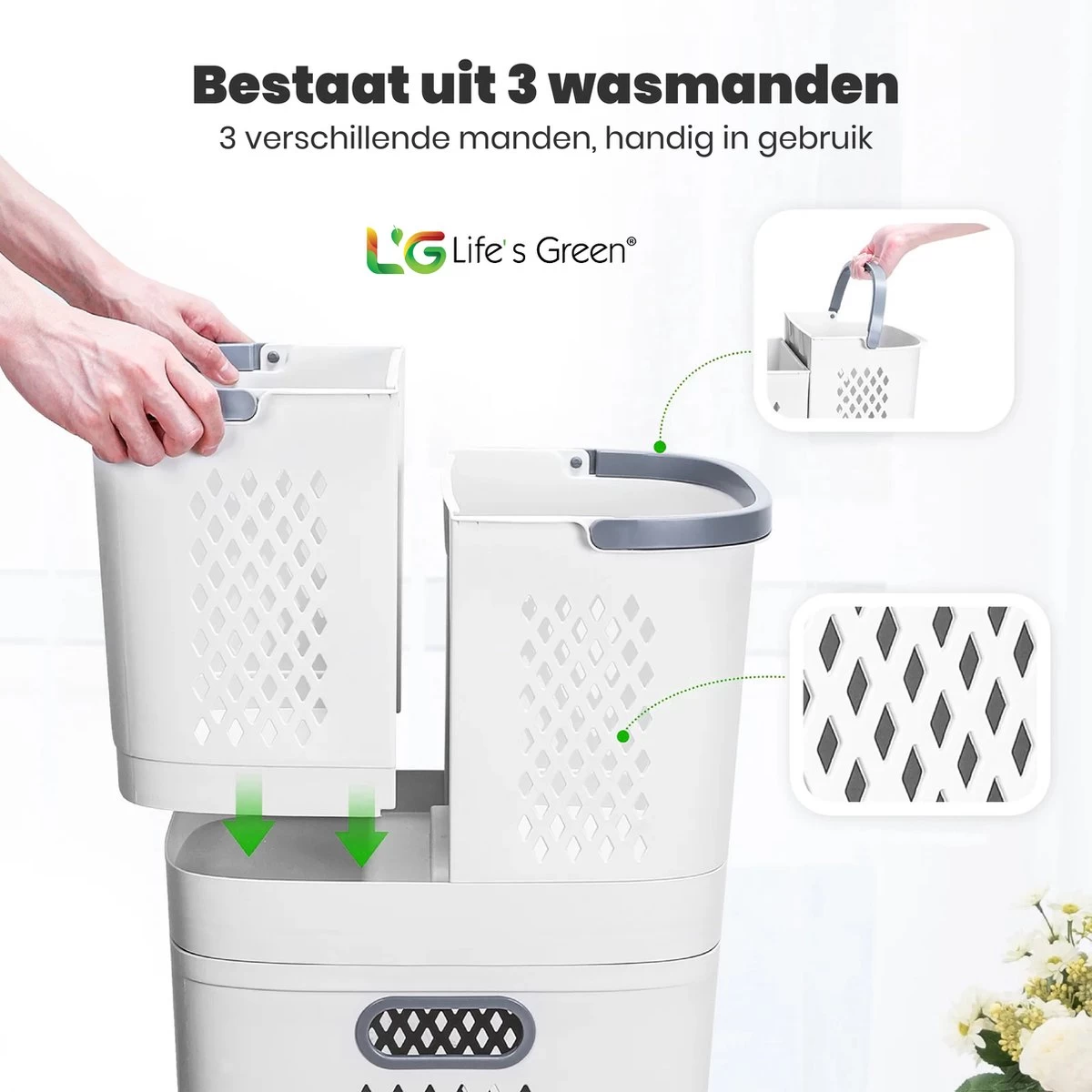 Life’s Green® - Wasmand - Wassorteerder - Wasmand 3 Vakken - Wit - Afbeelding 2