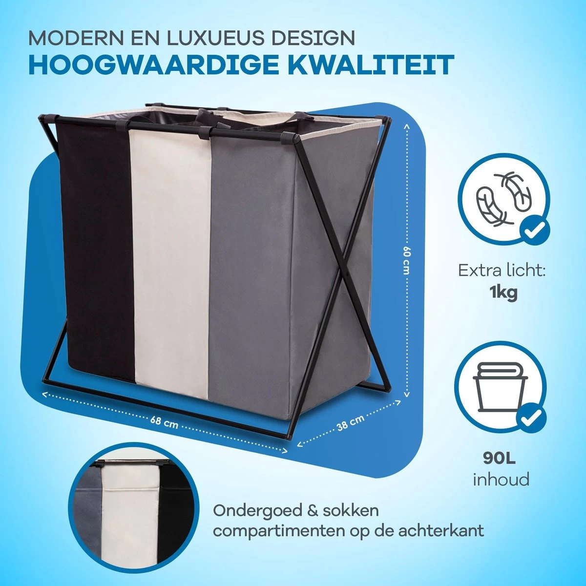 WITTS Wasmand Met 3 Vakken - Wassorteerder - Opvouwbaar - 90 L – Aluminium - Mat Zwart - Afbeelding 2