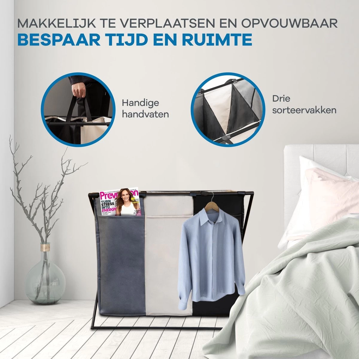 WITTS Wasmand Met 3 Vakken - Wassorteerder - Opvouwbaar - 90 L – Aluminium - Mat Zwart - Afbeelding 4