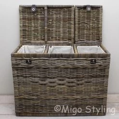 Migo Styling - Wasmand - 3 Vakken - Met Deksel - 85x40xH65 - Riet - Rotan - Trio