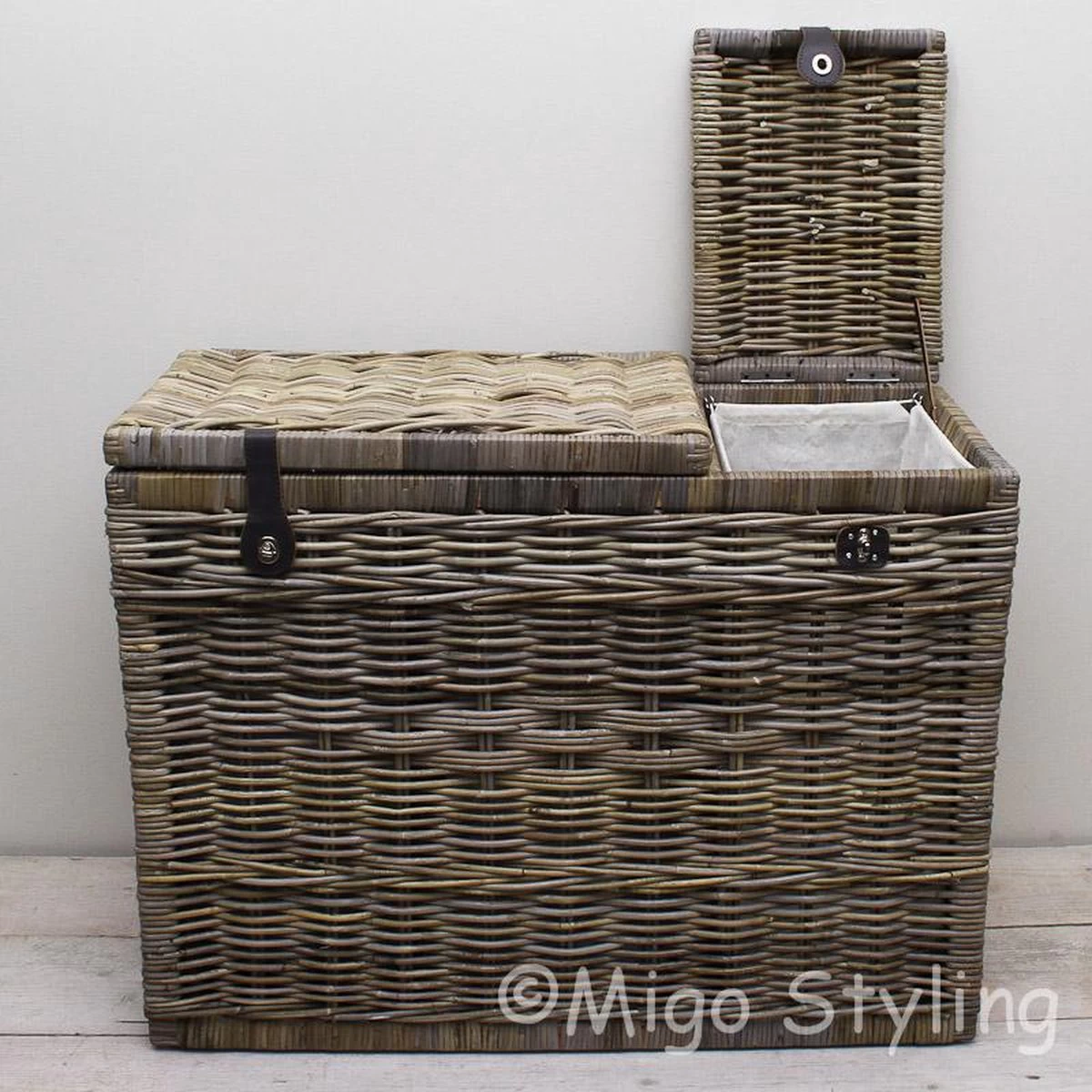 Migo Styling - Wasmand - 3 Vakken - Met Deksel - 85x40xH65 - Riet - Rotan - Trio - Afbeelding 4