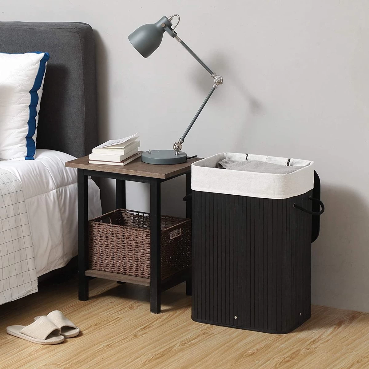 Merkloos Bamboe Wasmand Met Deksel, Katoenen Zak En Handvaten - 72L - Zwart - Afbeelding 4