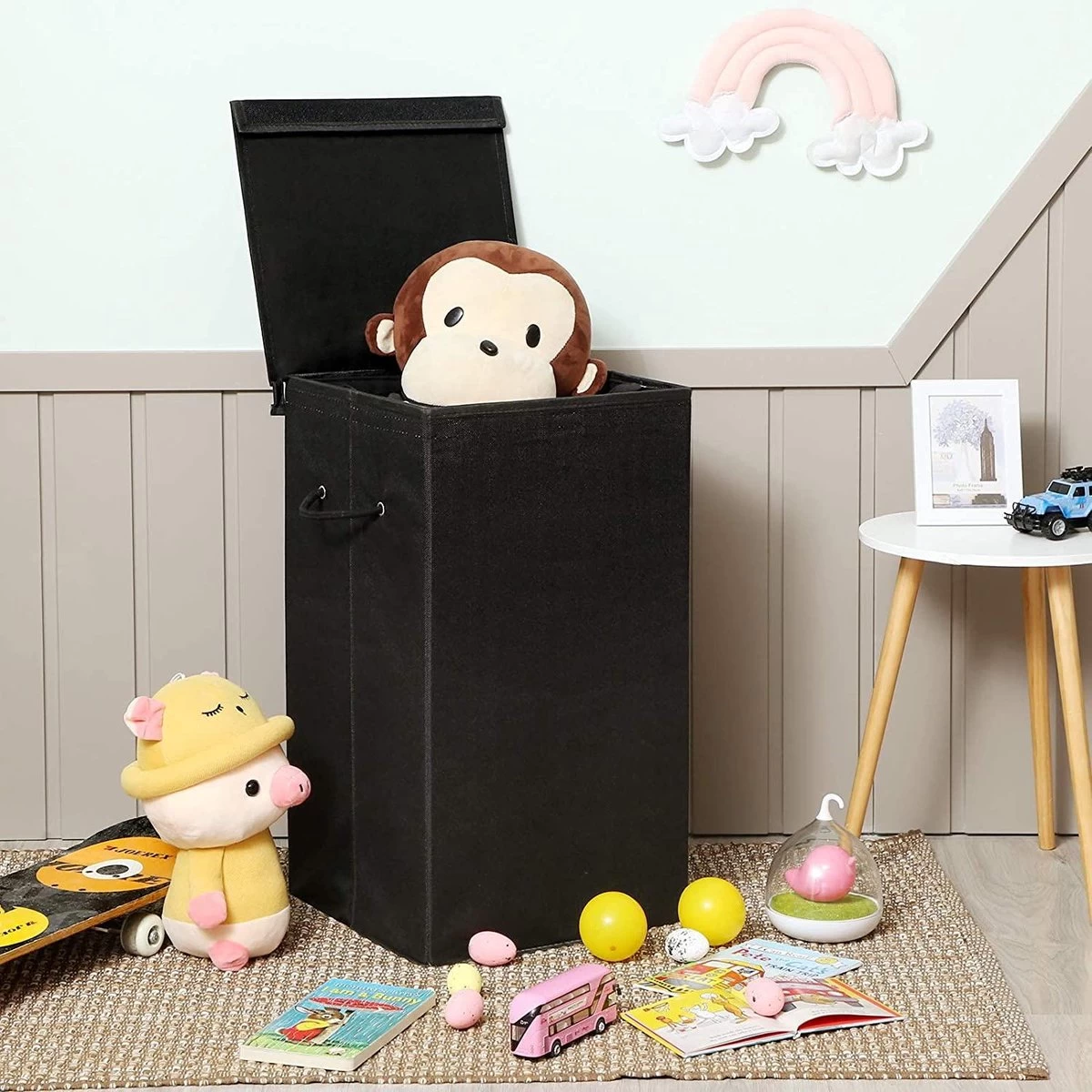 Opvouwbare Wasmand Met Deksel En Handvaten, 85L - Zwart - Afbeelding 8