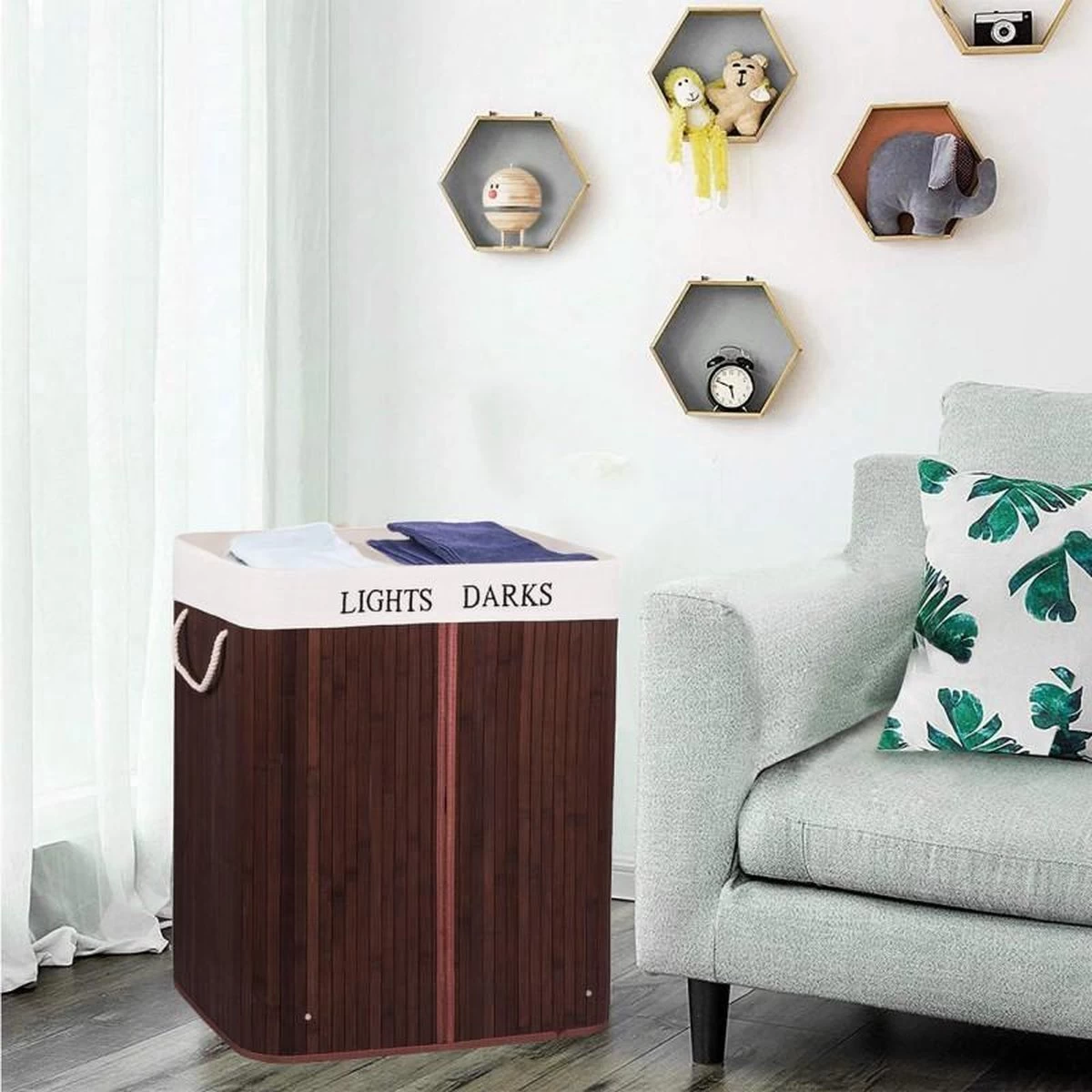 Springos Dubbele Wasmand | 2 Vakken Met Deksel | Opvouwbaar | 100 Liter | Met Uitneembare Waszak | Wasmand | Bruin - Afbeelding 4