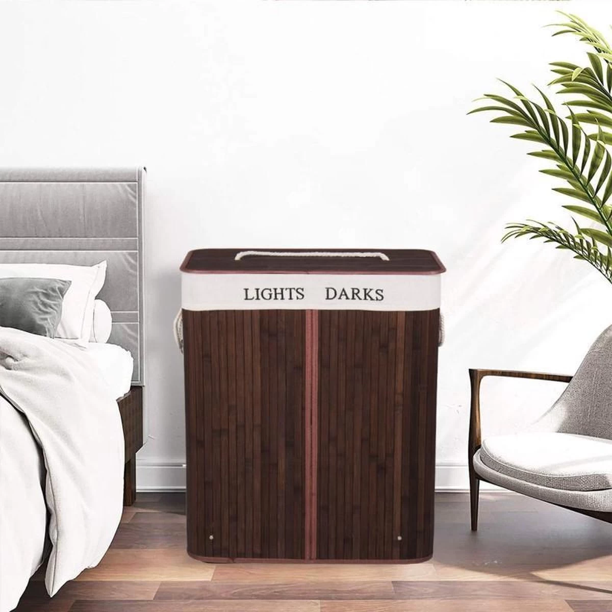 Springos Dubbele Wasmand | 2 Vakken Met Deksel | Opvouwbaar | 100 Liter | Met Uitneembare Waszak | Wasmand | Bruin - Afbeelding 5