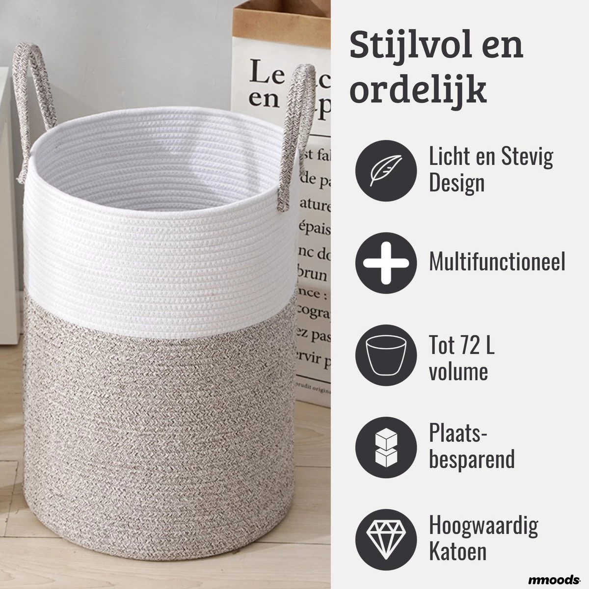 Mmoods Wasmand Katoen 72 Liter - Opbergmand Speelgoed - Wassorteerder Met Handvaten - Wasbox Badkamer - Mand Rond Badkamer Grijs - Image 2