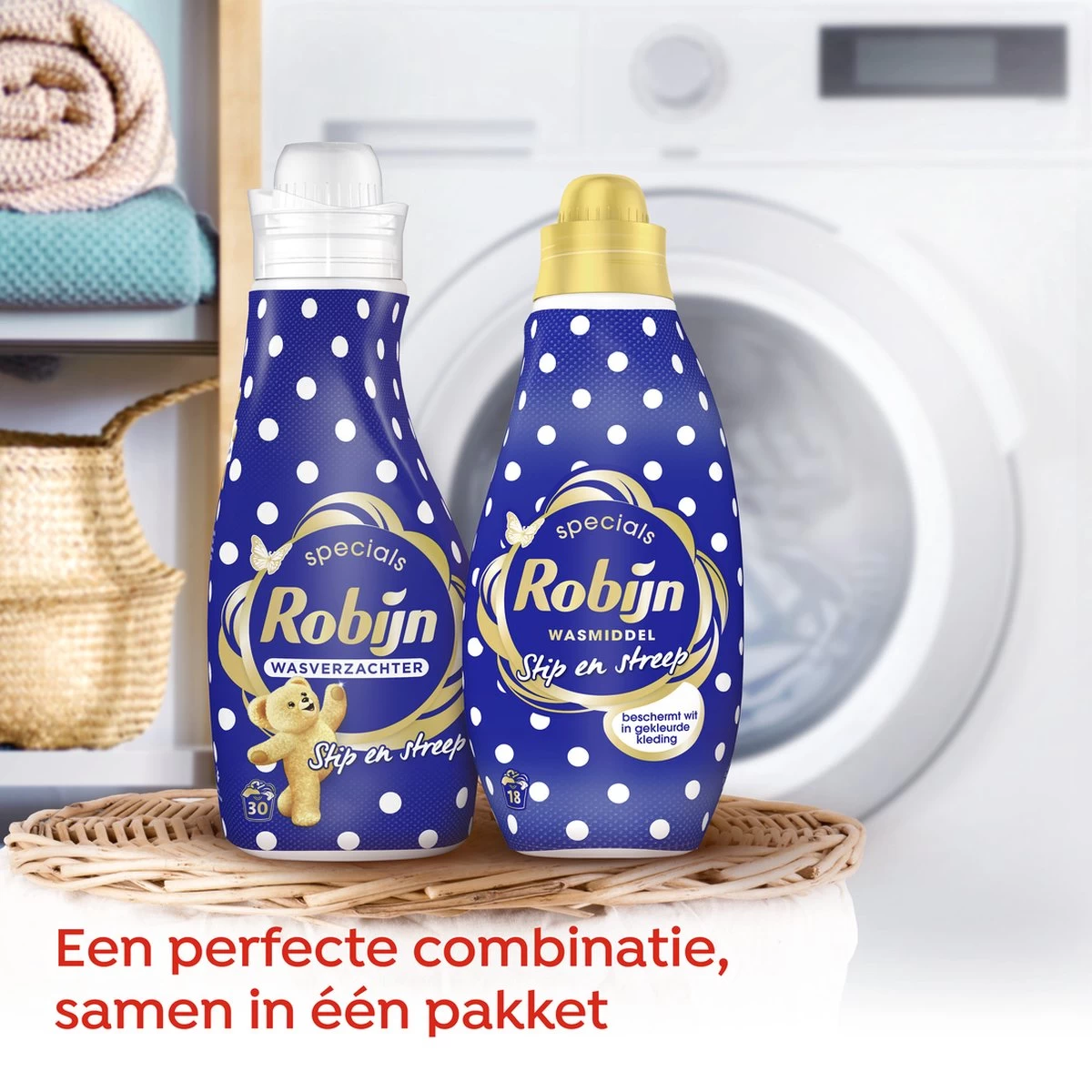 Robijn Robijn Specials Wasmiddel En Wasverzachter Pakket Voor Gekleurde Kleding Met Witte Elementen Stip En Streep Beschermt Wit In Gekleurde Kleding 2 X 18 + 30 Wasbeurten - Afbeelding 4