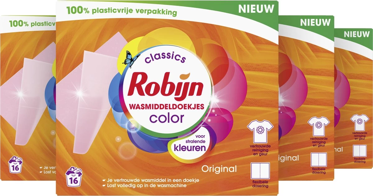 Robijn Classics Color Wasmiddeldoekjes - 4 X 16 Wasstrips - Voordeelverpakking - Afbeelding 2