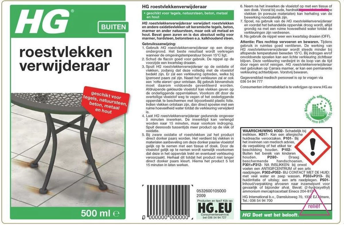HG Roestvlekken Verwijderaar - 500ml - Veilig In Gebruik - Voor Alle Natuursteensoorten, Alle Houtsoorten, Keramische Tegels, Dakpannen - - Image 2