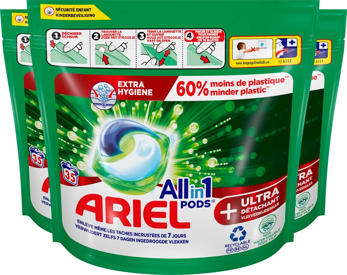 Ariel All In 1 Wasmiddel Pods+ Vlekverwijderaar - Wascapsules - Voordeelverpakking - 3 X 35 Wasbeurten