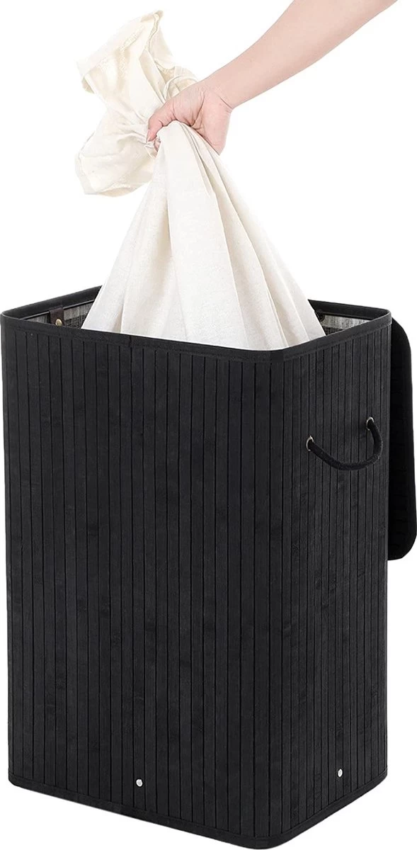Merkloos Bamboe Wasmand Met Deksel, Katoenen Zak En Handvaten - 72L - Zwart - Afbeelding 6