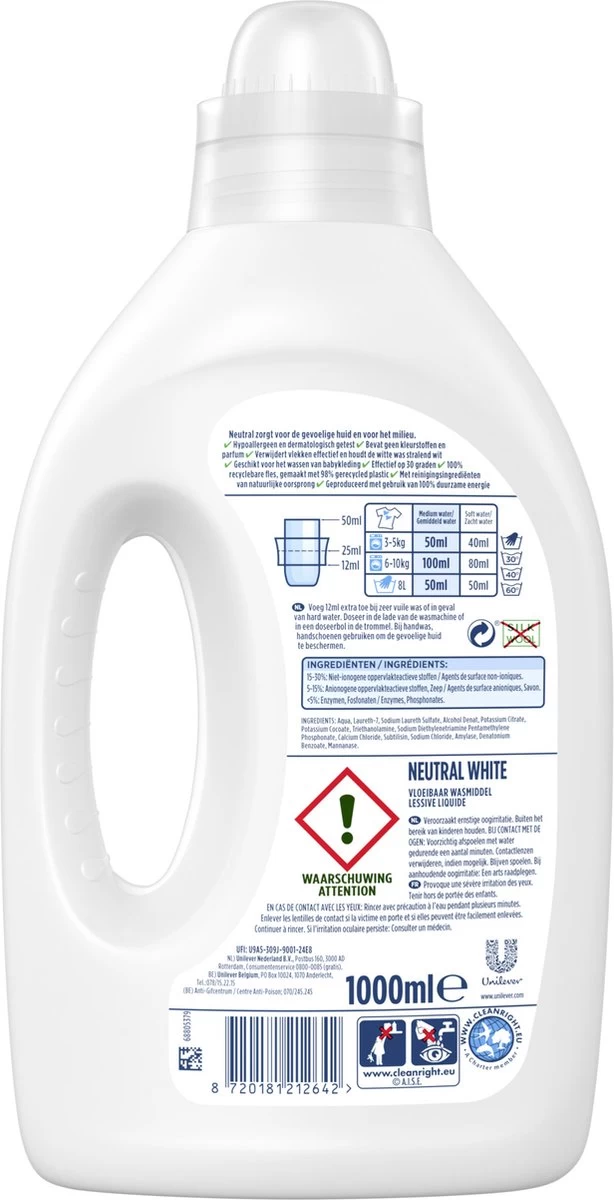 Neutral Neutral Wasmiddel Pakket Parfumvrij En Hypoallergeen Wit + Zwart + Kleur Zorgt Voor De Gevoelige Huid én Voor Het Milieu (1+1+1) X 20 Wasbeurten - Afbeelding 2