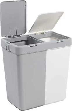 Motek® - Wasmand - 2 Vakken Met Deksel - Met Touch Deksel - Gemaakt Van 100% Gerecycled Kunststof - 80 L - Wasmand Met Deksel - Wassorteerder - Grijs - Wit