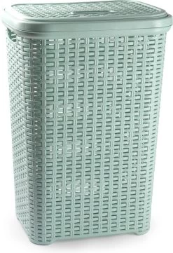 Grote Rotan Wasmand/opbergmand Met Deksel 60 Liter In Kleur Lichtgroen - Kunststof - L35 X B43 X H62 Cm - Wasmanden