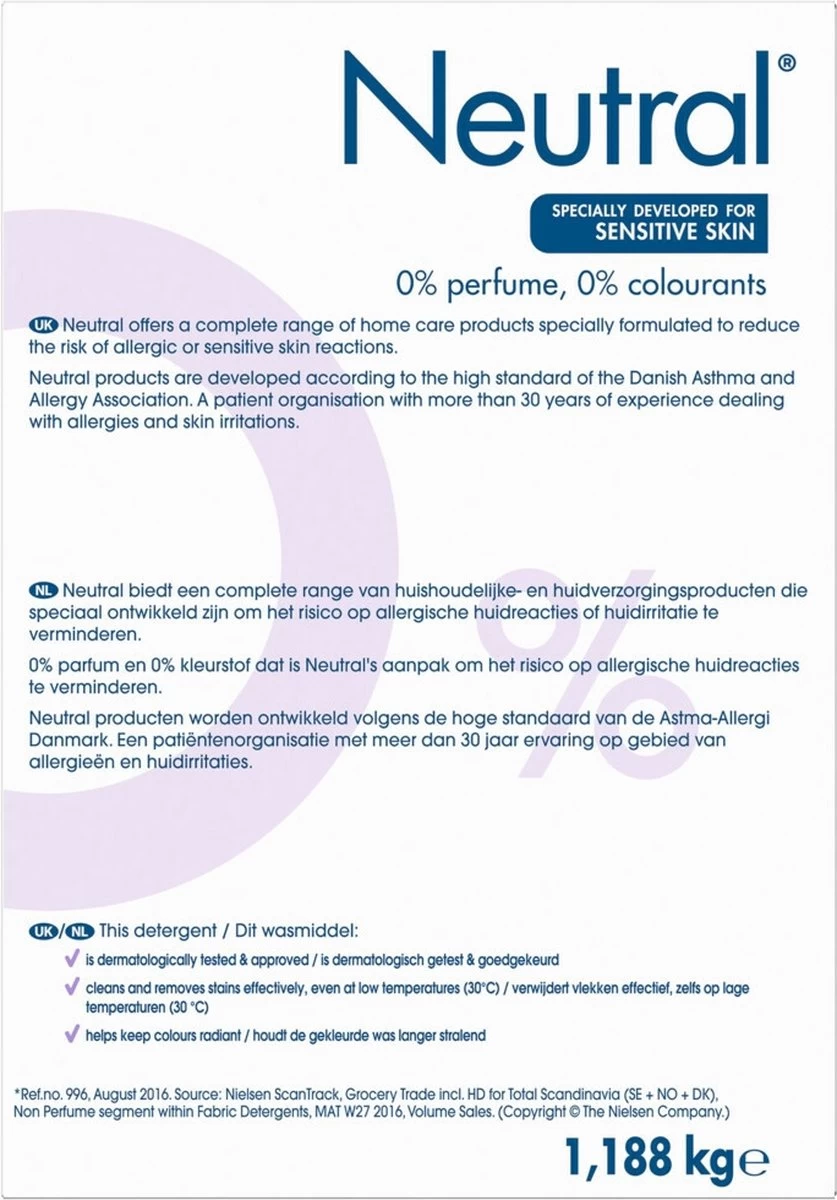 Neutral 0% Kleur Parfumvrij Waspoeder - 18 Wasbeurten - 1,188 Kg - Wasmiddel - Afbeelding 2