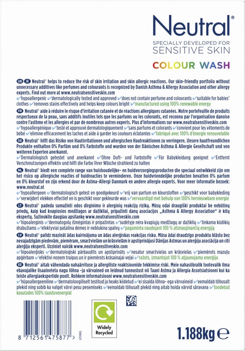 Neutral 0% Kleur Parfumvrij Waspoeder - 18 Wasbeurten - 1,188 Kg - Wasmiddel - Afbeelding 15