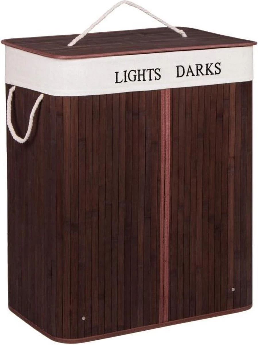 Springos Dubbele Wasmand | 2 Vakken Met Deksel | Opvouwbaar | 100 Liter | Met Uitneembare Waszak | Wasmand | Bruin