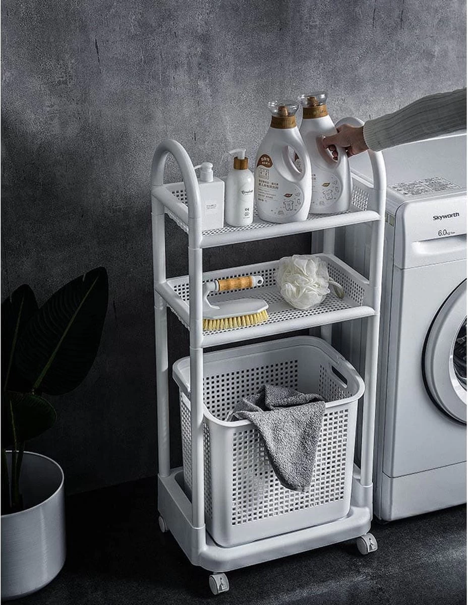Wasmand Op Wielen - Badkamer Organizer - 3 Lagen - Afneembare Wasmand - Wit - Afbeelding 7