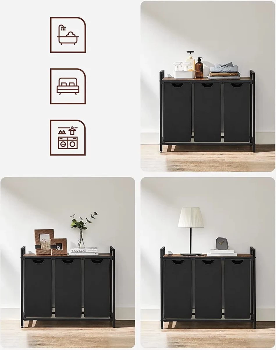 A.T. Shop Wasmand, Wascollector, Wassorteerder, 3 Compartimenten, Met Plank, Waszak Uitschuifbaar En Afneembaar, Per Zak 38 Liter - Afbeelding 8