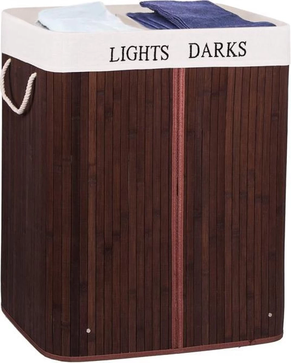 Springos Dubbele Wasmand | 2 Vakken Met Deksel | Opvouwbaar | 100 Liter | Met Uitneembare Waszak | Wasmand | Bruin - Afbeelding 8