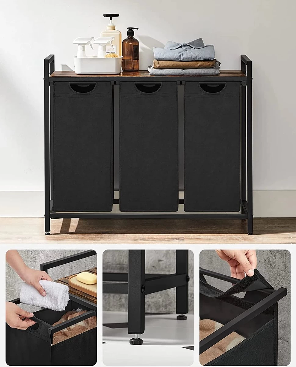 A.T. Shop Wasmand, Wascollector, Wassorteerder, 3 Compartimenten, Met Plank, Waszak Uitschuifbaar En Afneembaar, Per Zak 38 Liter - Afbeelding 5