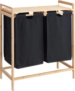 ACAZA Wasmand Met 2 Uitschuifbare Waszakken - Wassorteerder - 44 Liter - Bamboe - 73.5x64.5x33 Cm - Zwart
