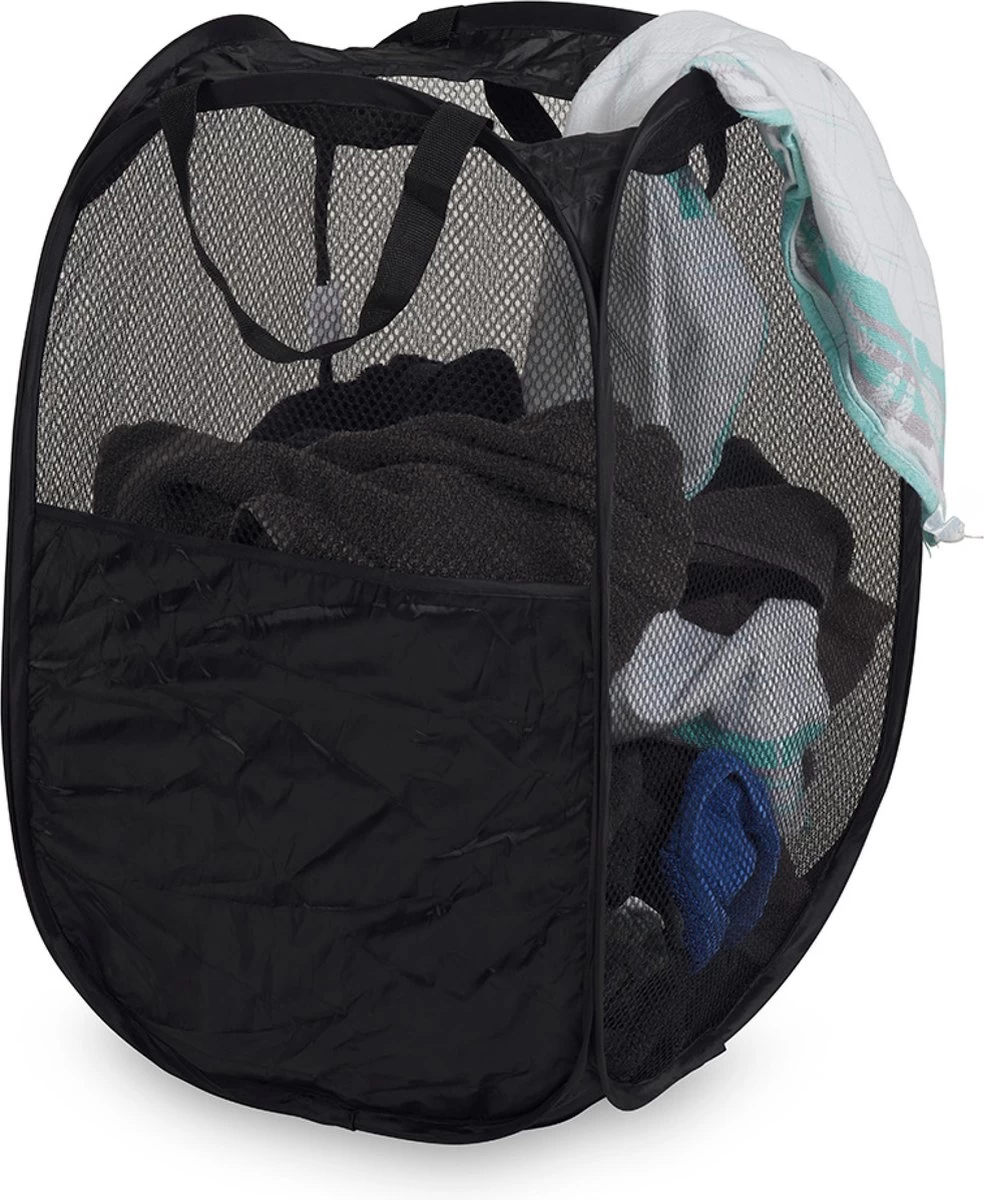 Wonair - Opvouwbare Wasmand - Wassorteerder - Extra Opbergvak – Met Hengsel - 70L - Zwart